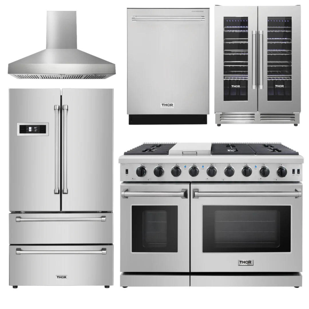 48 In. Gas Range, Range Hood, Refrigerator, Dishwasher, Wine Cooler W8693