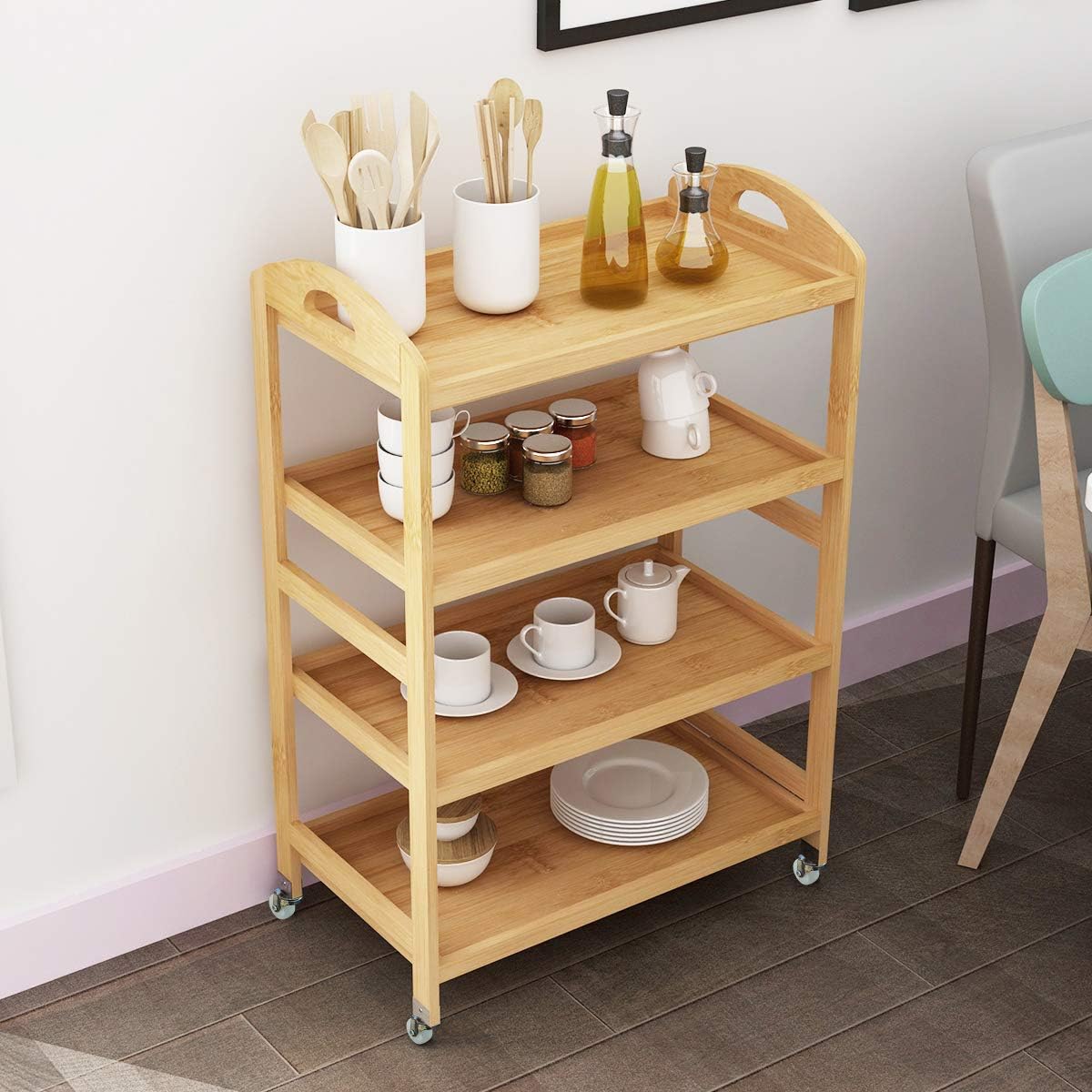 4-Tier Bamboo Storage Utility Cart with Wheels Y63063