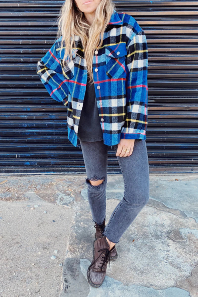 Plaid Patchwork Turndown Collar Outerwear Z337373