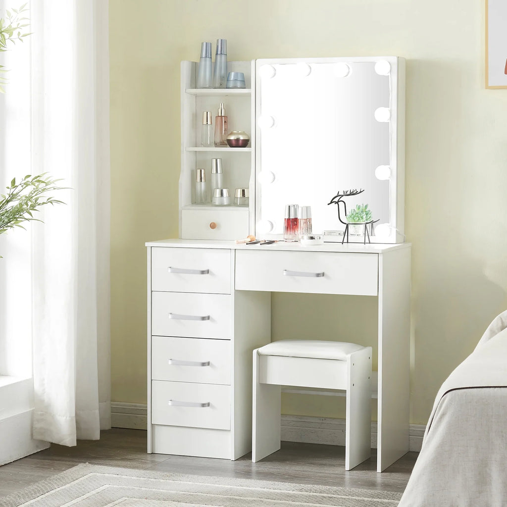 White Vanity Set with Lighted Mirror and Stool B18329