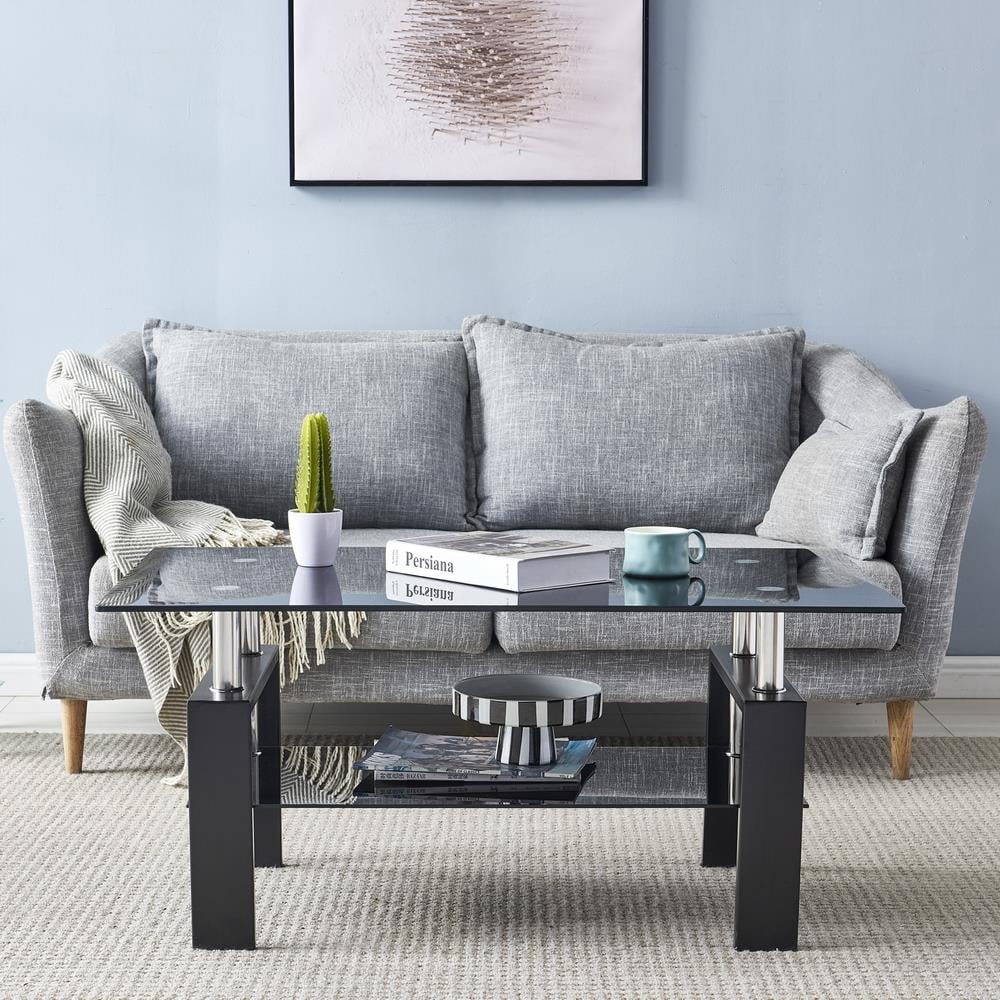 Rectangle Glass Coffee Table with Lower Shelf Metal Legs V6940
