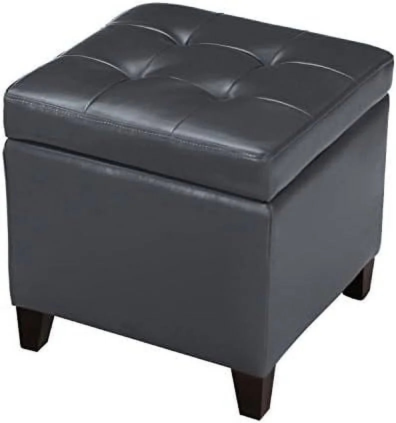 18" Square Faux-Leather Tufted Cube Ottoman with 4 Solid Wood Legs Q4310