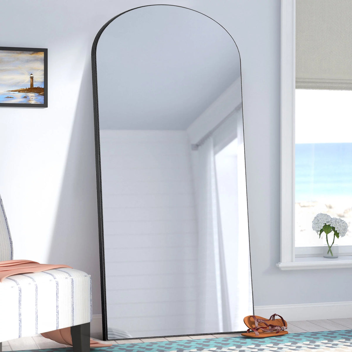 71"x31" Arched Full Length Floor Mirror with Stand Black W846456