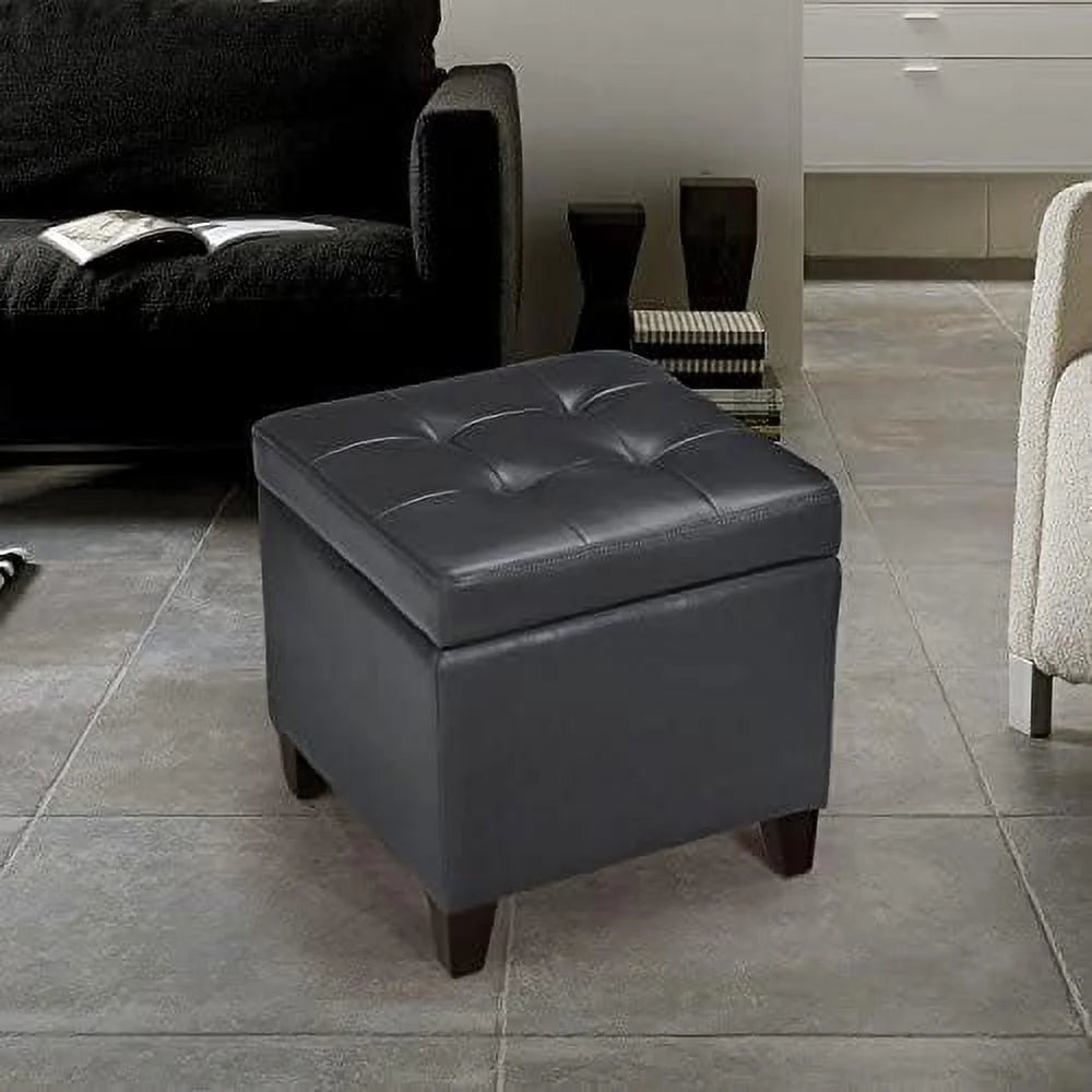 18" Square Faux-Leather Tufted Cube Ottoman with 4 Solid Wood Legs Q4310