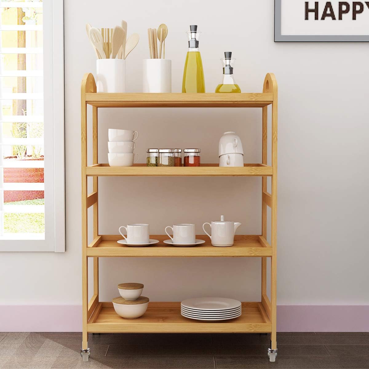 4-Tier Bamboo Storage Utility Cart with Wheels Y63063