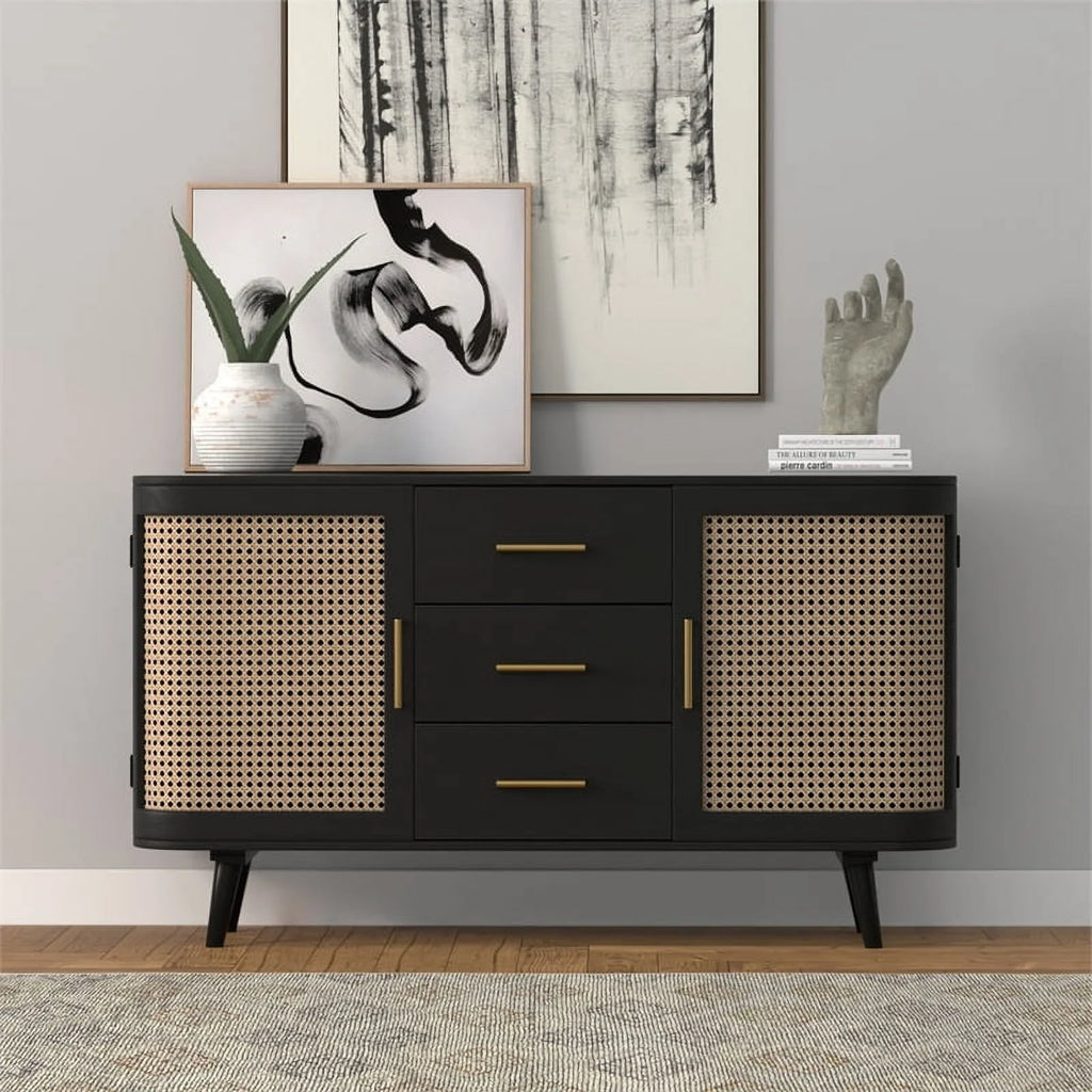 Black Natural 3-Drawer Wood Sideboard B699574