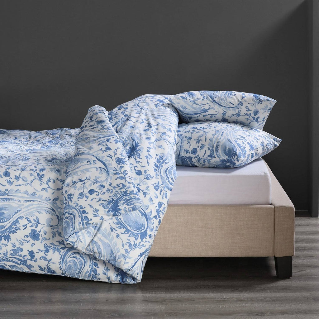 Queen Blue Cotton Percale Printed Duvet Cover Set E44519