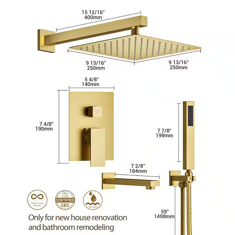 10 in. Wall Mount Shower Head and Tub Faucet 2.5 GPM Brushed Gold M95038