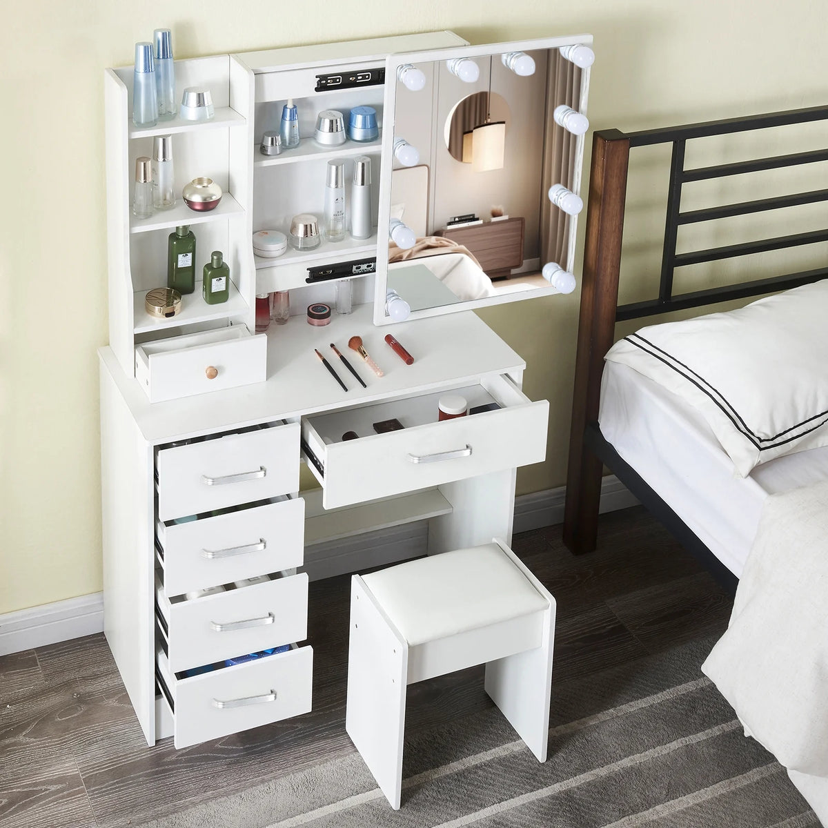 White Vanity Set with Lighted Mirror and Stool B18329
