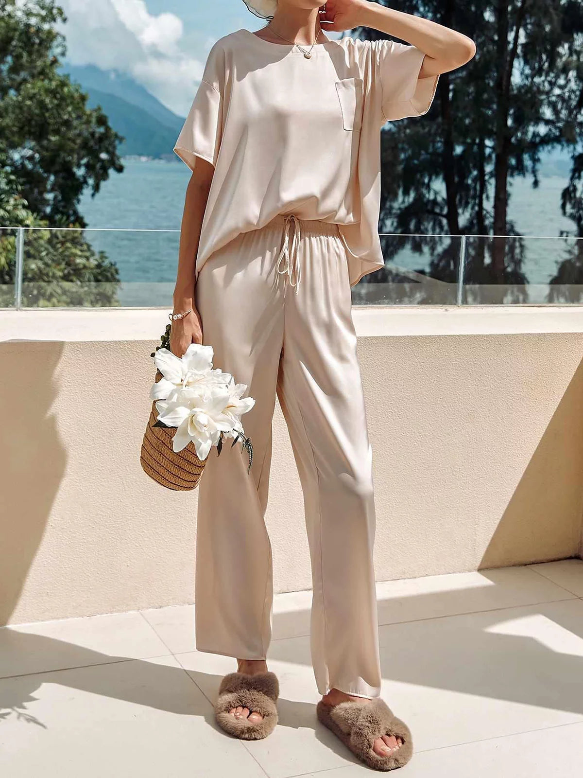 Silk Satin Short Sleeve Long Pant Pajama Set S2892