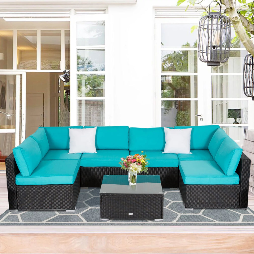 7 Pc Wicker Rattan Patio Furniture Set with Cushions T3112