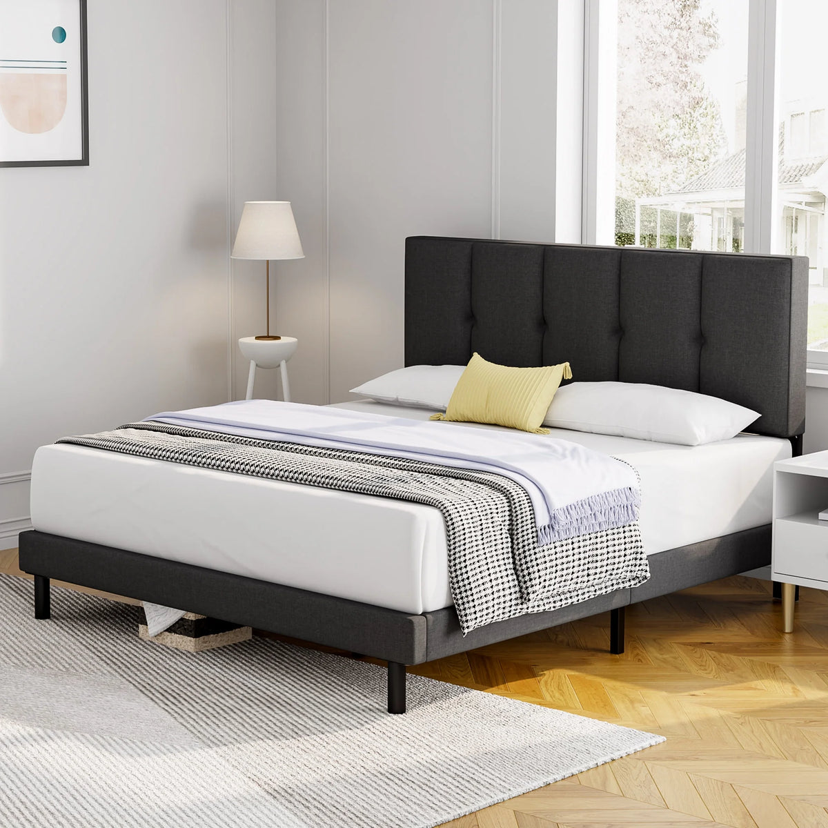 Queen Size Fabric Upholstered Platform Bed Frame X4796