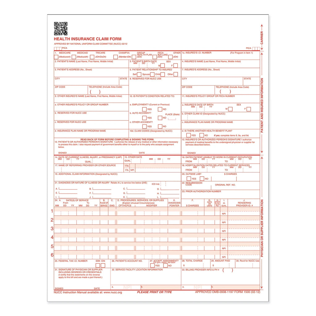 CMS-1500 Laser Printer Forms, 500 / Pack, White U41607
